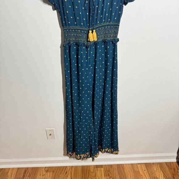 Farm Rio Rosewood Jumpsuit Anthropologie Women M Blue Floral Boho Cottage Modest - Picture 10 of 10